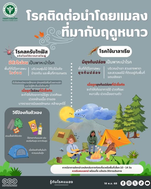 ❄️🦟 โรคติดต่อนำโดยแมลงที่มากับฤดูหนาว คือ โรคสครับไทฟัส และ โรคไข้มาลาเรีย 🏔️
👉โรคสครับไทฟัส มีพาหะนำโรค คือ ตัวไรอ่อน 🕷️
👉โรคไข้มาลาเรีย มีพาหะนำโรค คือ ยุงก้นปล่อง 🦟
👉ป้องกันตนเองจากโรคสครับไทฟัส และโรคไข้มาลาเรีย โดย
🧥สวมเสื้อผ้าให้มิดชิด
🧴ใช้สารทากันแมลง
🛏️ เมื่อต้องพักค้างแรมในป่า ควรนอนในมุ้ง
เมื่อกลับจากท่องเที่ยวแล้วมีอาการไข้ ปวดศีรษะ หนาวสั่น ควรรีบพบแพทย์พร้อมแจ้งประวัติเดินทาง 🏥📝
---------------------------------
ที่มา : กองโรคติดต่อนำโดยแมลง กระทรวงสาธารณสุข
รู้ทันโรคแมลง